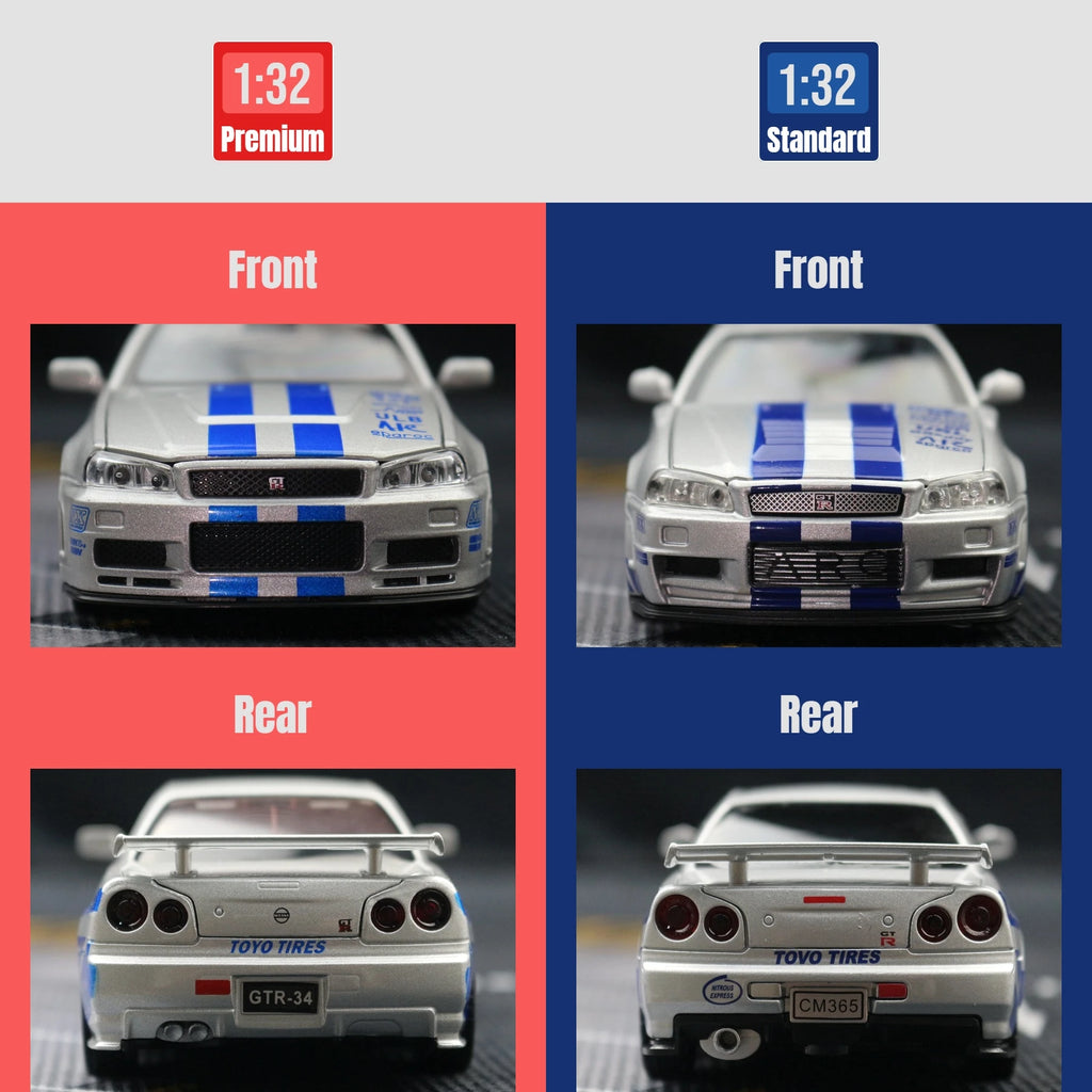 1/32 Nissan Skyline GTR R34 JDM Toy Car Model Diecast Vehicle Miniature Sound & Light Pull Back Collection Gift Children Boy