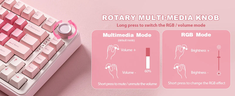 YUNZII B75 PRO Pink Mechanical Gaming Keyboard, Bluetooth/Wire/Wireless 75 Knob RGB Keyboard, Gasket Hot-Swap Custom Creamy Keeb