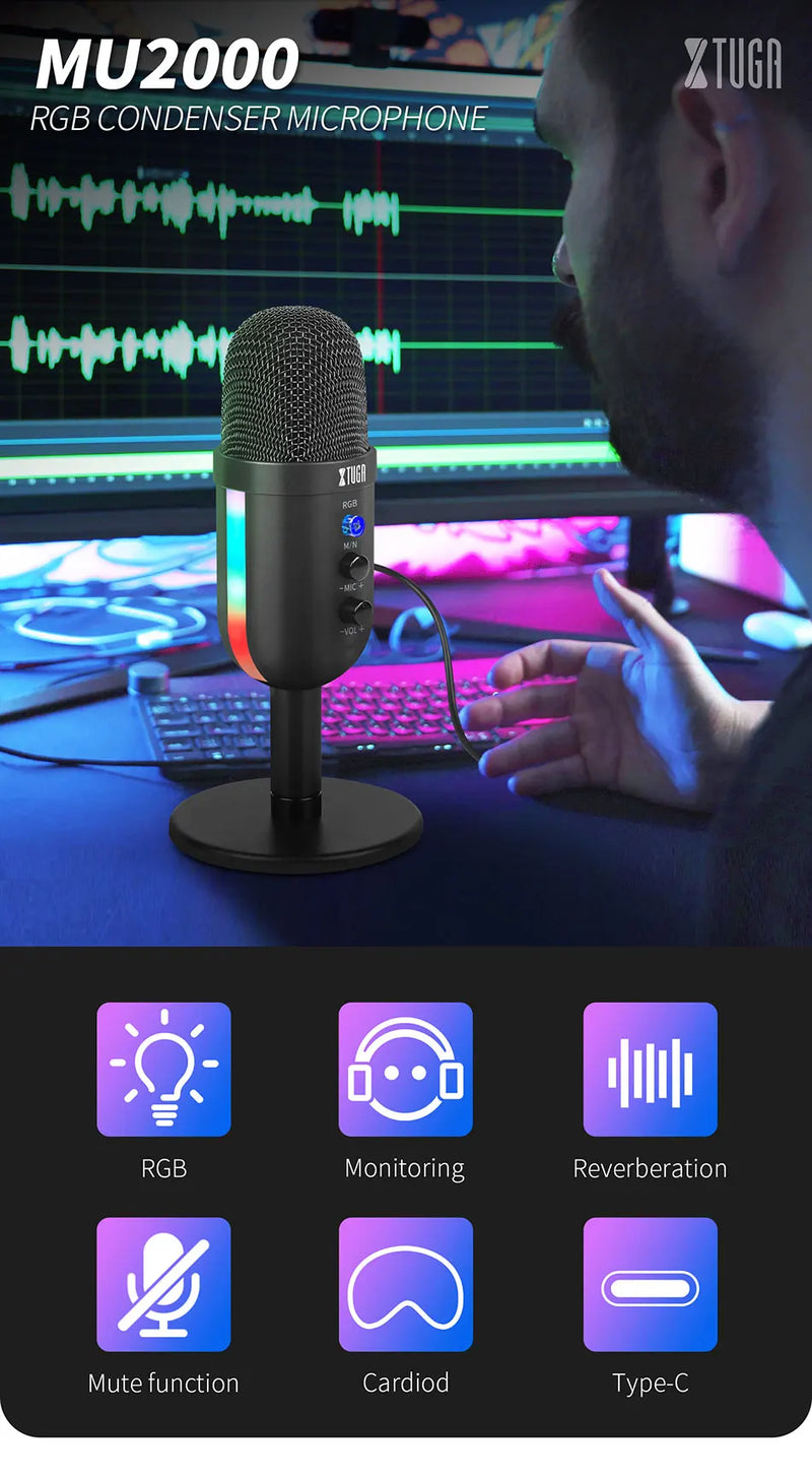 XTUGA MU2000 RGB Mini Condenser Microphone USB Interface Suitable For Gaming Voice Computer Live Streaming Video Conferencing