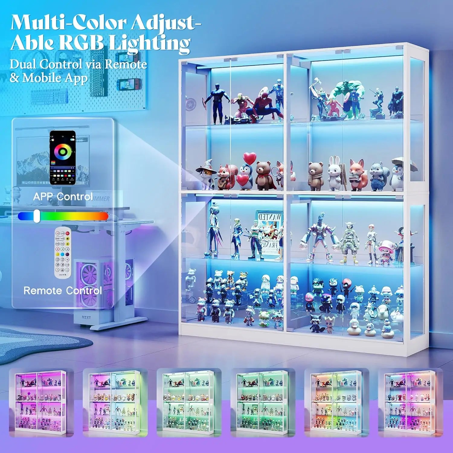RGB Display Cabinet with Adjustable Shelves, 4-Tier Storage Case with LED Lights, Modern Display Shelf for, Customized