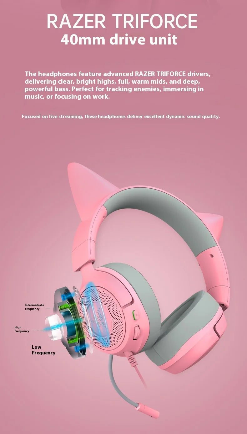 Razer Kraken Kitty V3 X Wired Headphones With Mic Head Mounted Esports Gaming Earphone Triforce Lightweight Headsets PC Laptop