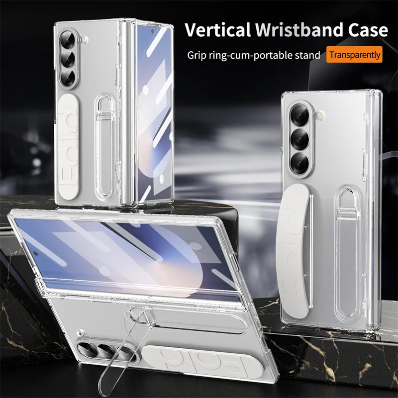 Wristband Holder Hinge Phone Case For Samsung Galaxy Z Fold 7 6 5 4 3 With Pen Slot & S Pen Screen Protector Film Protect Cover