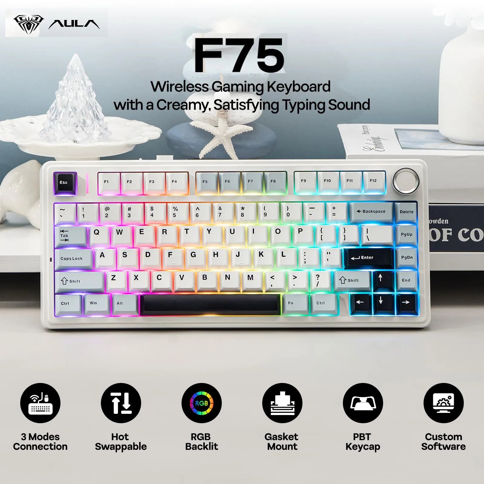 AULA F75 Wireless Mechanical Keyboard Hot Swappable,Pre-lubed Reaper Switches, 2.4GHz/Type-C/BT5.0, RGB Backlit Gaming Keyboards