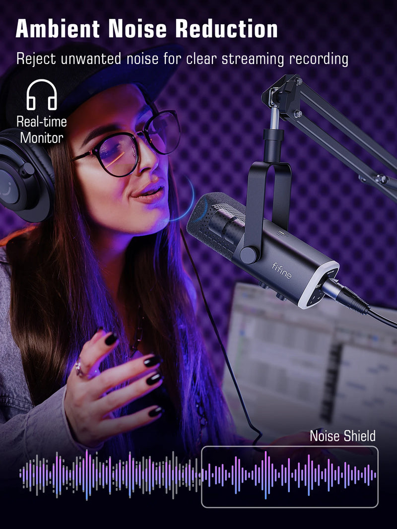 FIFINE Dynamic XLR Microphone Kit with Boom Arm for Mixer,Gaming USB Mic Set with RGB,Volume Control for PC PS5/4 AmpliGame AM8T