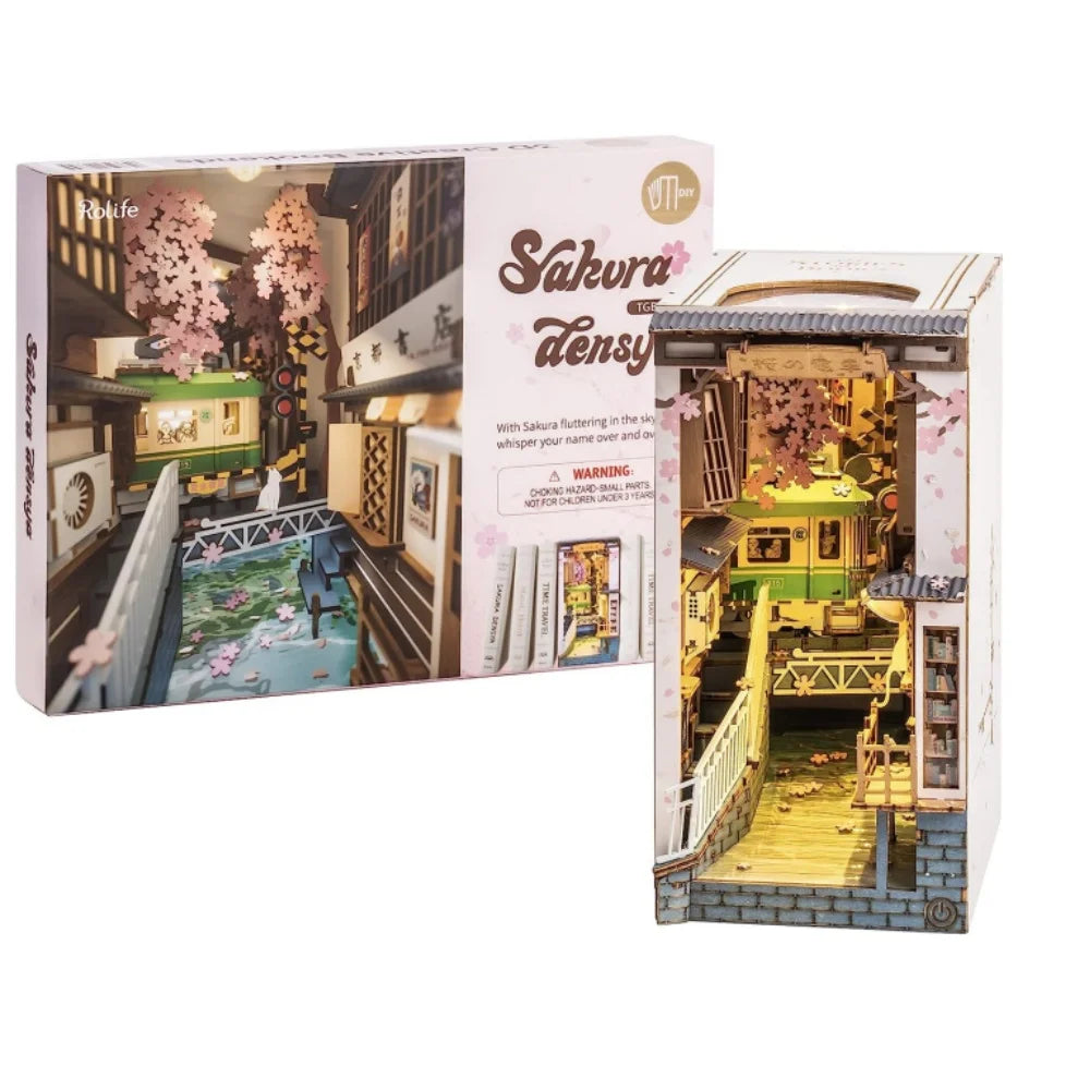 Robotime Sakura Densya Japan Book Nook Kit Glue-Free DIY Miniature House Model Kits  3D Wooden Puzzle Dust Cover Bookshelf Decoration Gift