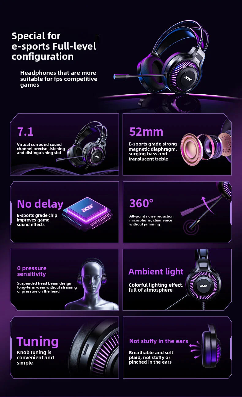 Acer OHW303 Headsets Gamer 7.1 Stereo Virtual Surround Bass Earphone Gaming Headphone with Mic LED Light for Computer PC Gamer