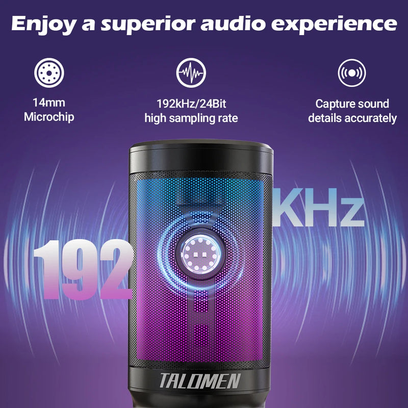 talomen Gaming PC USB Microphone, Podcast Condenser Mic with Boom Arm, Online Chat, RGB Computer Mic for PS4/5 PC Gamer F8S