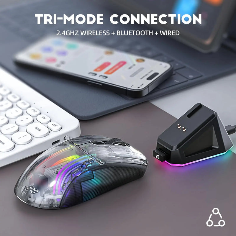 ATTACK SHARK X2Pro Wireless Gaming Mouse with RGB Charging Dock,Tri-Mode Mute Mouse RGB Backlit,Transparent Shell,PixArt 3212