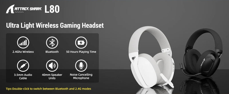 ATTACK SHARK L80 Ultra-Light Tri-Mode Gaming Headset Lightweight Wireless Gaming Headset for PC/PS4/PS5/Switch/Xbox