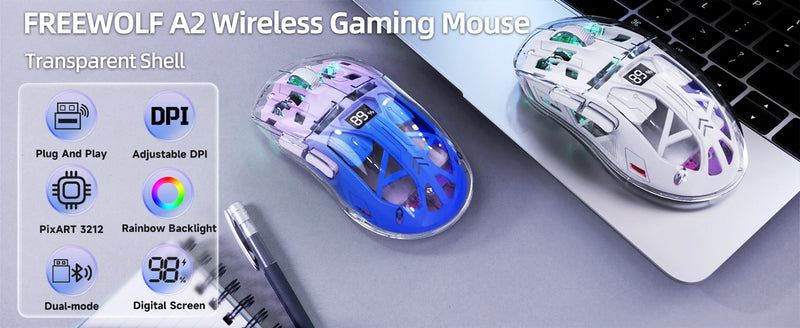 A2 Transparent Wireless Gaming Mouse, BT 5.0/2.4G PC Rechargeable RGB Mice with Digital Screen,PixArt 3212, 5 Adjustable DPI