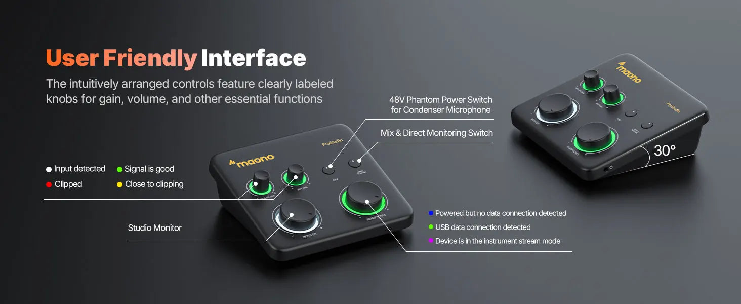 MAONO PS22 Lite USB Audio Interface for PC XLR Input Portable Recording Streaming Equipment Sound Card for Music Guitar DAW