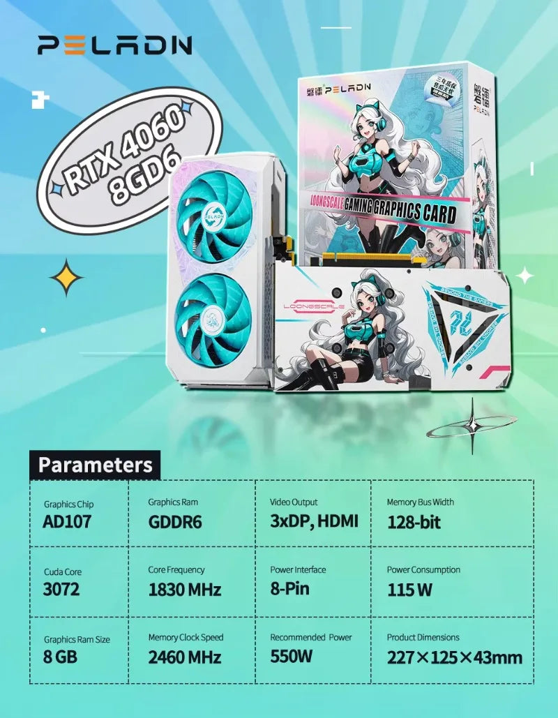 Peladn Best Price Geforce RTX 4060 8GB GDDR6 128-bit 8-pin Video Card RTX4060 Dual Fan Gaming Graphics Card with Back IP Pattern