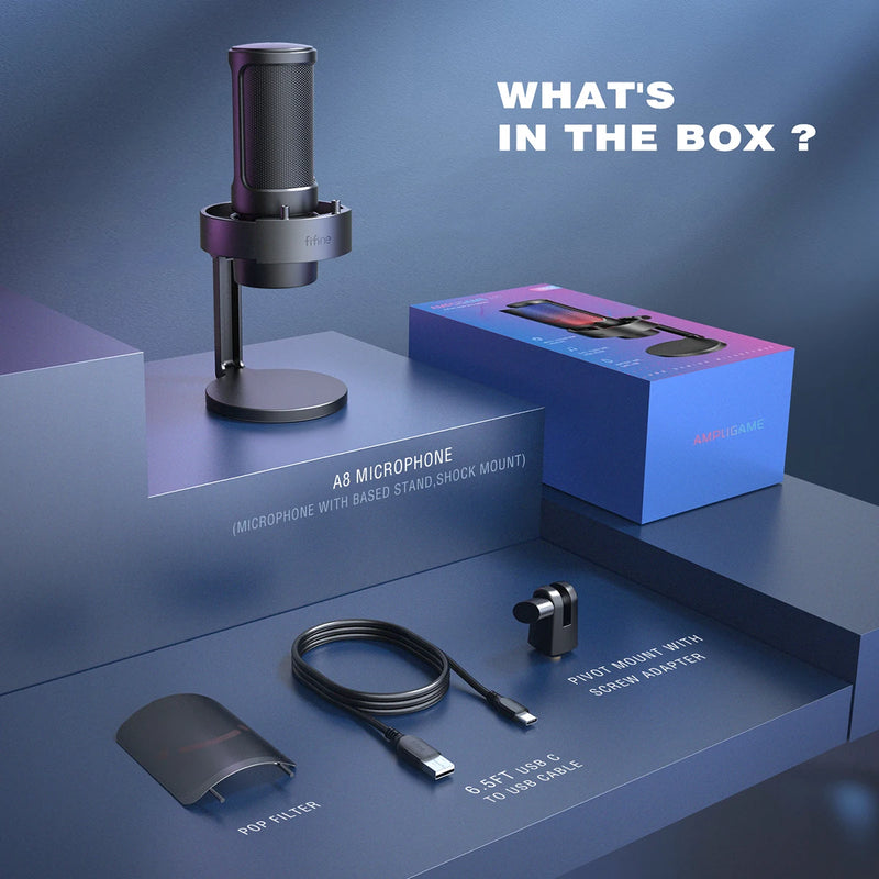 FIFINE USB Microphone for Recording and Streaming on PC and Mac,Headphone Output and Touch-Mute Button,Mic with 3 RGB Modes -A8