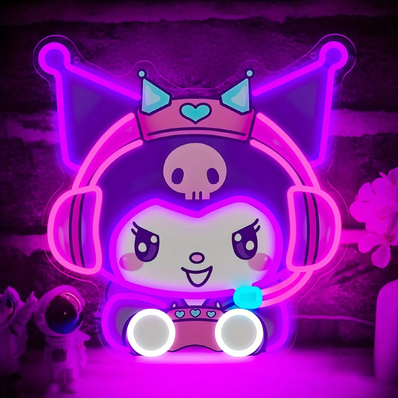 Cartoon Kuromi Plays Games Neon Sign LED Anime Neon Light Sign for Bedroom Wall Decor Birthday Gift for Fans Girls USB Dimmable