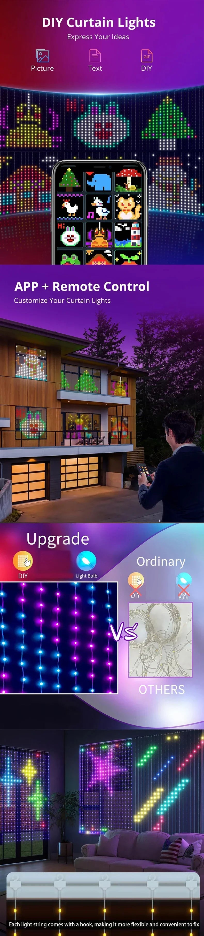 1/2PCS Smart LED Curtain Lights LED Fairy Lights App Control Music Sync DIY Pattern Waterproof for Indoor Outdoor Party Decor