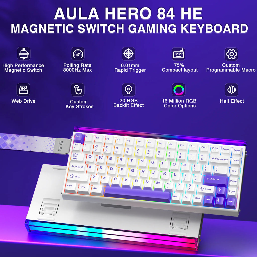 AULA HERO 84HE Magnetic Switch Keyboard Rapid Trigger 8K Return Esports Gamer Keyboard RGB Wired Gaming Keyboard