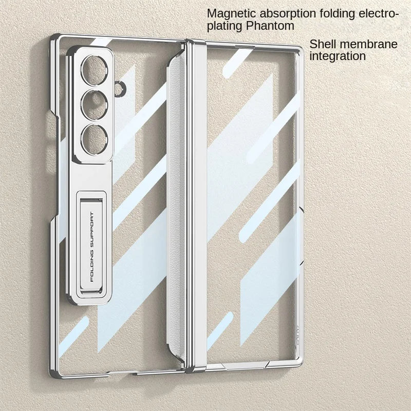 Ultra-thin Transparent Plated Frame Stand Holder with Glass Protective Film Case for Samsung Galaxy Z Fold 7 fold7 Protect Cover