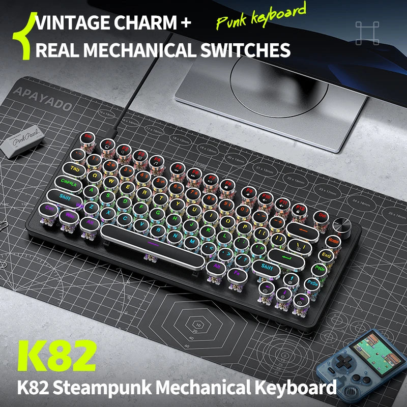 APAYADO K82 Wired Steampunk Mechanical Keyboard 75% Compact 82-Key Hot-Swappable RGB Retro Gaming Keyboard Multifunctional Knob