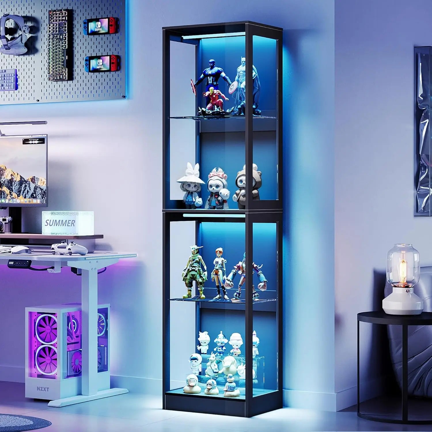 RGB Display Cabinet with Adjustable Shelves, 4-Tier Storage Case with LED Lights, Modern Display Shelf for, Customized