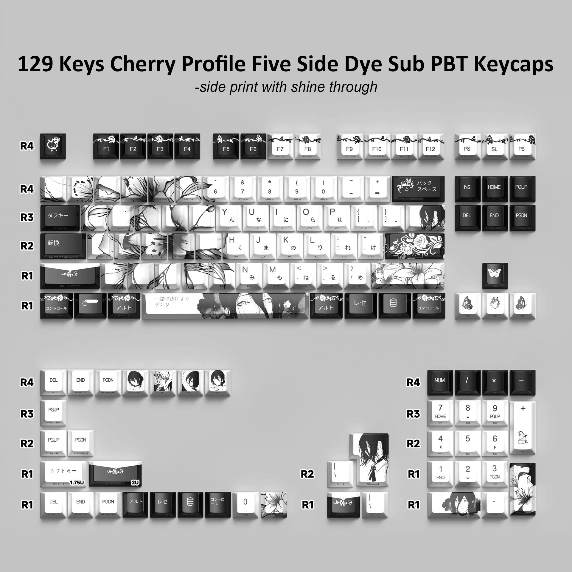 129 Keys Swordsman 5 Sides Dye Sub PBT Keycap Cherry Profile Side Printed Shine Through Keycaps for MX Switches Gaming Keyboard