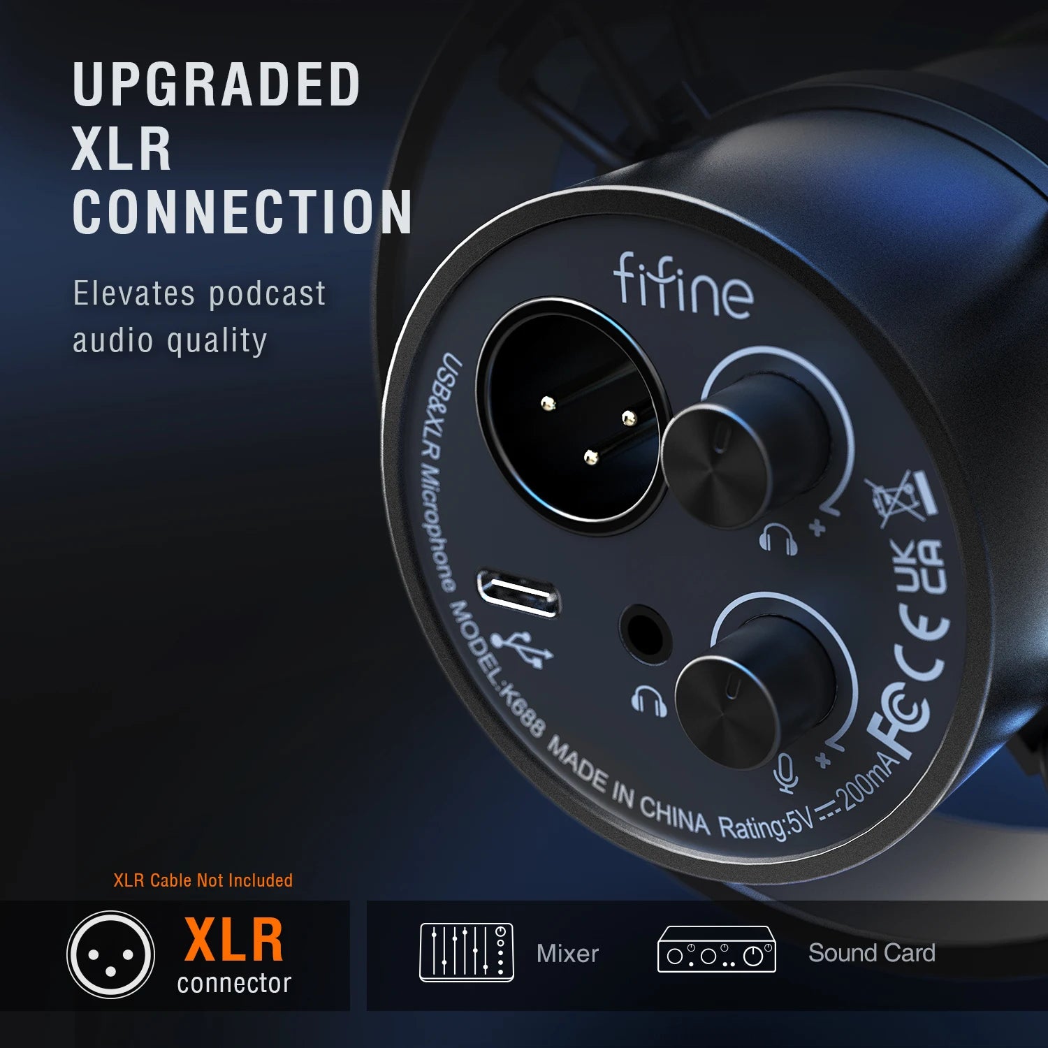 FIFINE Recording XLR Dynamic Microphone with Real-time Monitoring,USB Streaming Mic with Gain Knob/Touch-mute for PC,Mixer-K688