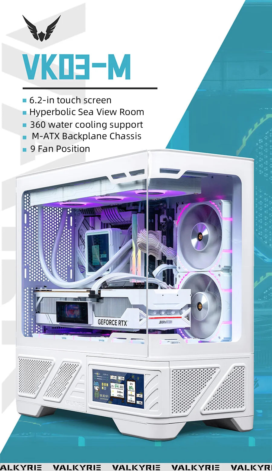 VALKYRIE M-ATX PC Case Gaming Desktop Case VK03-M LCD Supports 360 Water Cooling 6.2-inch Touchscreen Glass 270° Sea View Room
