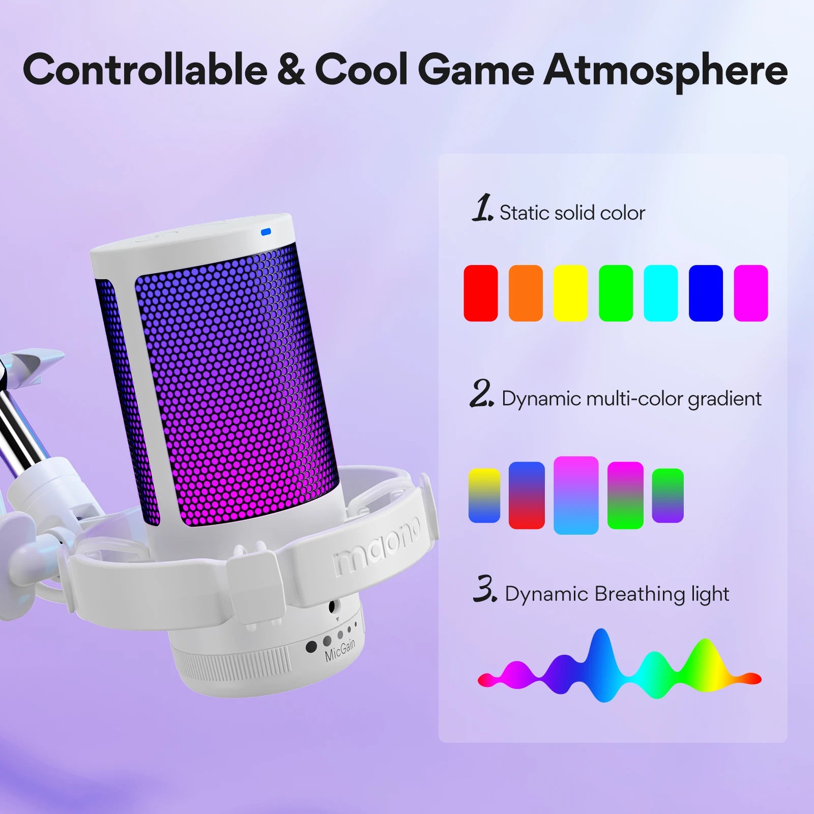 Maono Gamerwave DGM20S USB Microphone Gaming Mic Condenser Mic RGB Mic Noise Canceling Mic with Mic Gain,RGB Light,One key mute