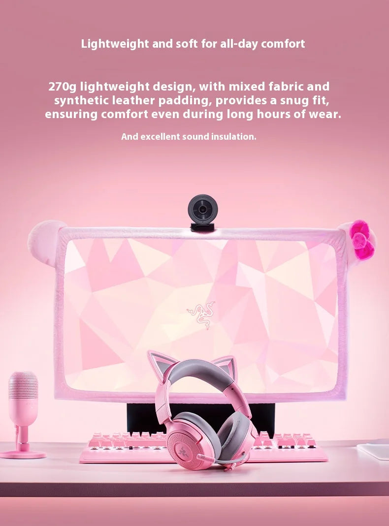 Razer Kraken Kitty V3 X Wired Headphones With Mic Head Mounted Esports Gaming Earphone Triforce Lightweight Headsets PC Laptop