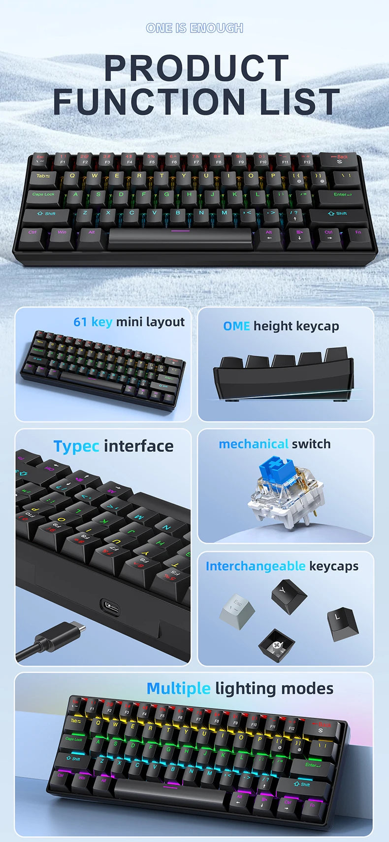 APAYADO K61 Mini Mechanical Keyboard,Wired,61 Keys,Phantom RGB, Black/White Red/Blue Mechanical Switch for Gaming,60% Portable