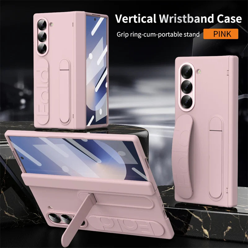 Wristband Holder Hinge Phone Case For Samsung Galaxy Z Fold 7 6 5 4 3 With Pen Slot & S Pen Screen Protector Film Protect Cover