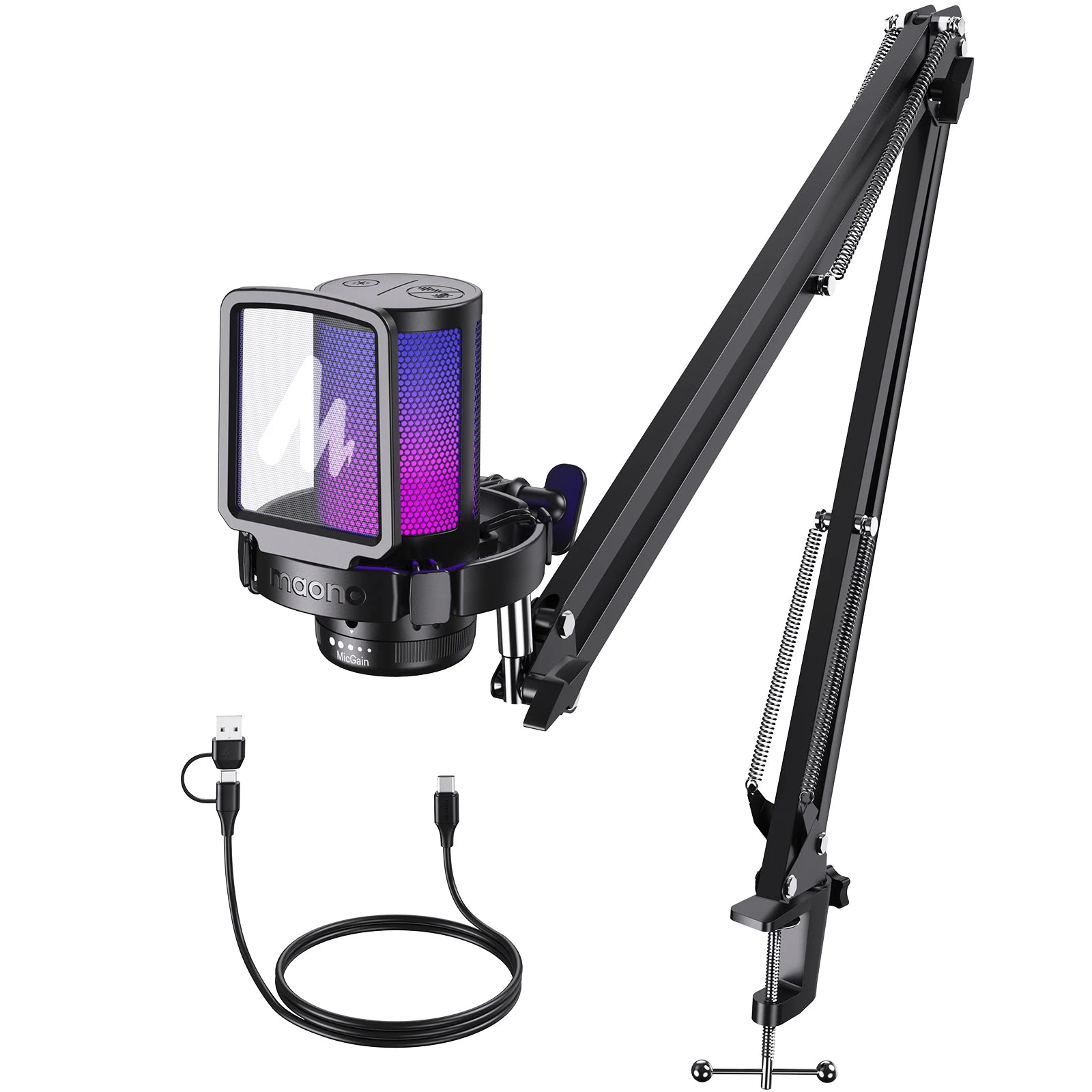 Maono Gamerwave DGM20S USB Microphone Gaming Mic Condenser Mic RGB Mic Noise Canceling Mic with Mic Gain,RGB Light,One key mute