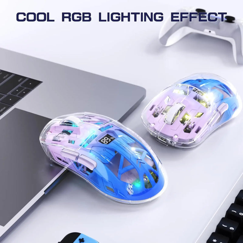 A2 Transparent Wireless Gaming Mouse, BT 5.0/2.4G PC Rechargeable RGB Mice with Digital Screen,PixArt 3212, 5 Adjustable DPI