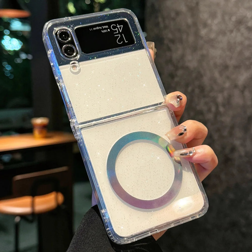 Transparent Glitter Magnetic Phone Cover For Samsung Z Flip7 5 Wireless Charge Cases For Galaxy Z Flip 6 flip4 zflip3 Bling Case