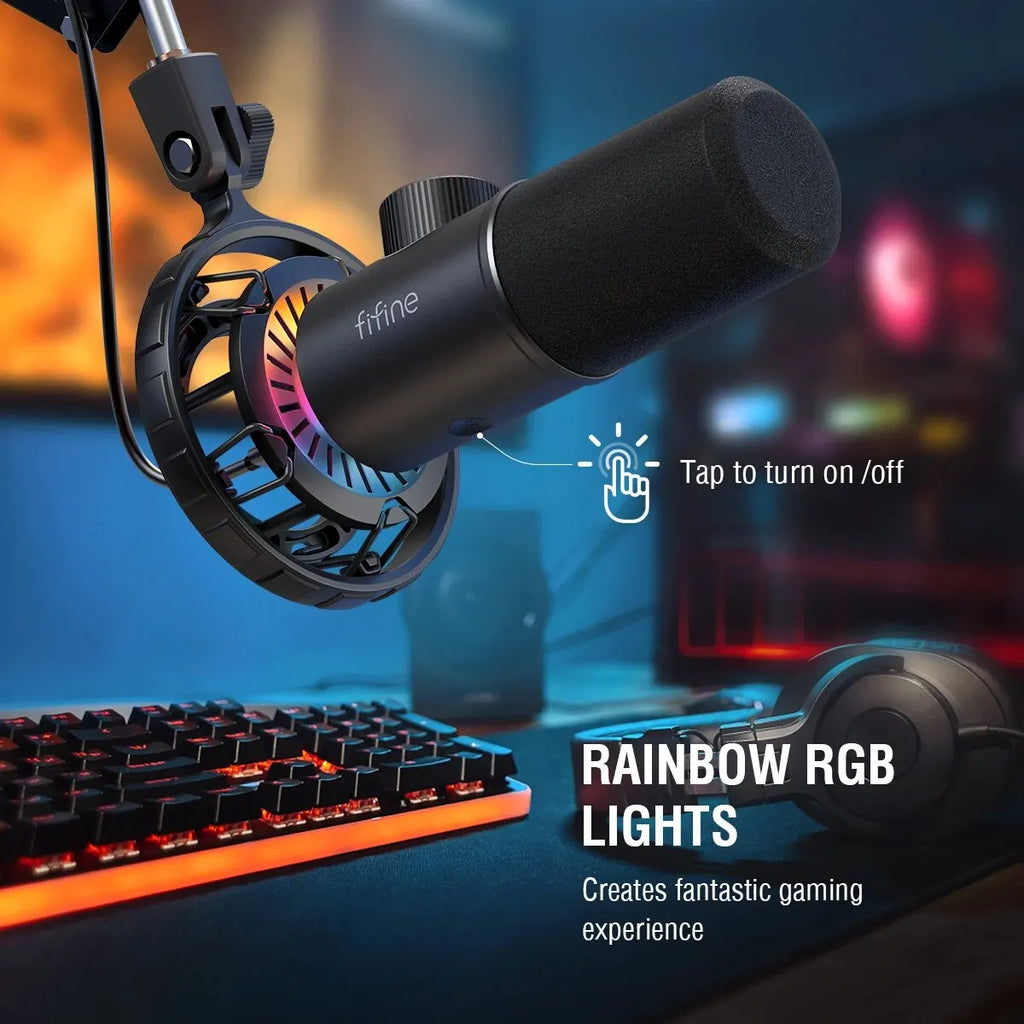 FIFINE Gaming USB Microphone for YouTube,Podcast Dynamic Mic with RGB Light/Light-touch Mute/Gain Knob for PC,Tablet,Record-K658
