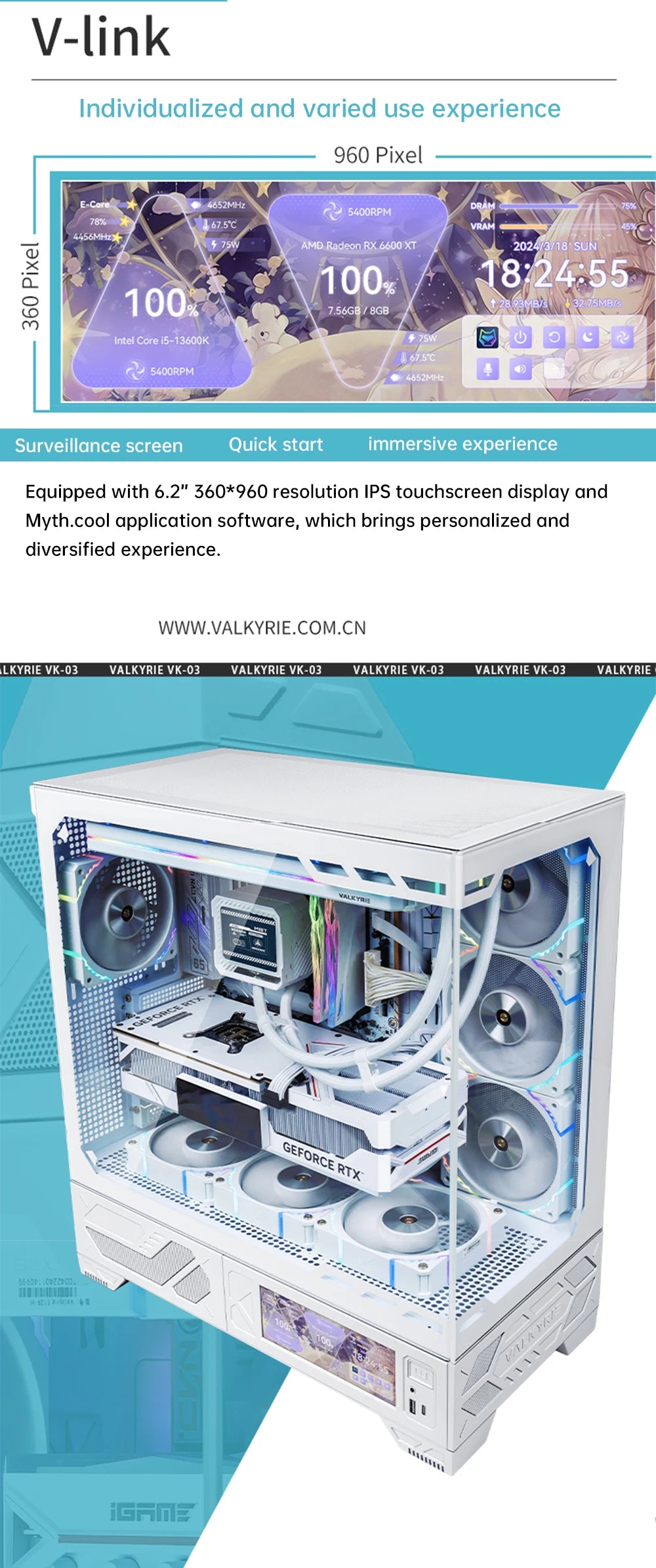 VALKYRIE PC Case VK03 ATX Gaming Desktop 6.2 in Touchscreen Removable 270° Sea View Room Supports 360 Water Cooled Computer Case