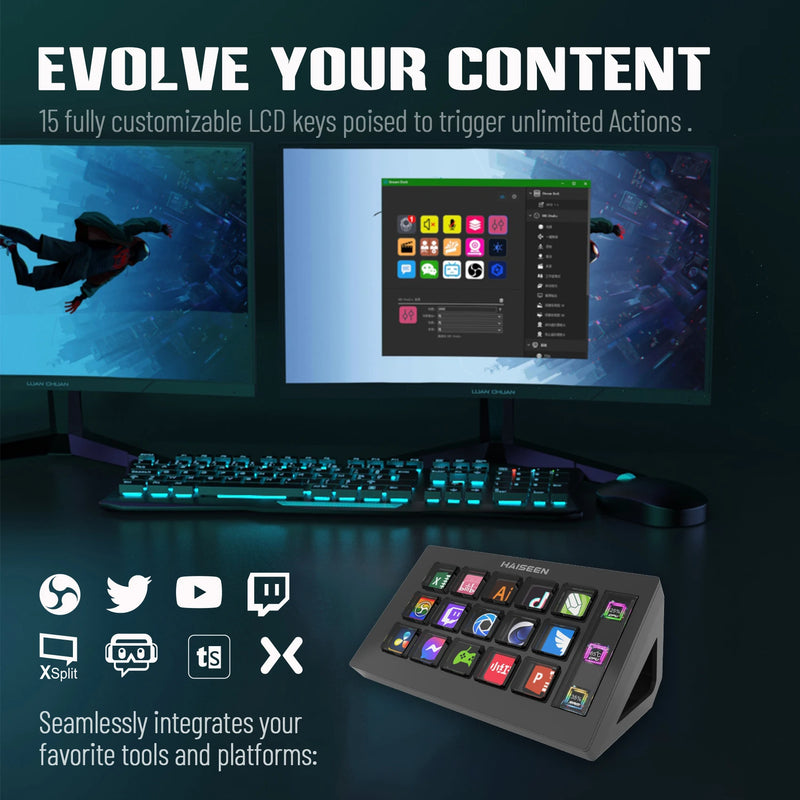 Visual Stream HAISEEN Dock Keyboard LCD Button 15Keys Live Content Creation Controller Customizable Windows/MacOS/Android/iOS