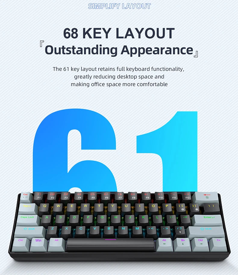 APAYADO K61 Mini Mechanical Keyboard,Wired,61 Keys,Phantom RGB, Black/White Red/Blue Mechanical Switch for Gaming,60% Portable