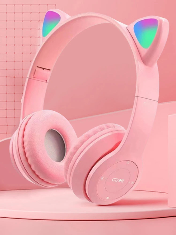 Wireless Headphones Cat Ear Bluetooth-Compatible Helmets Glow Light Over-Ear Headsets Cute Sports Headphones for Kids and Adult