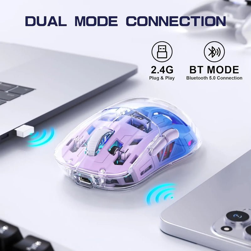A2 Transparent Wireless Gaming Mouse, BT 5.0/2.4G PC Rechargeable RGB Mice with Digital Screen,PixArt 3212, 5 Adjustable DPI