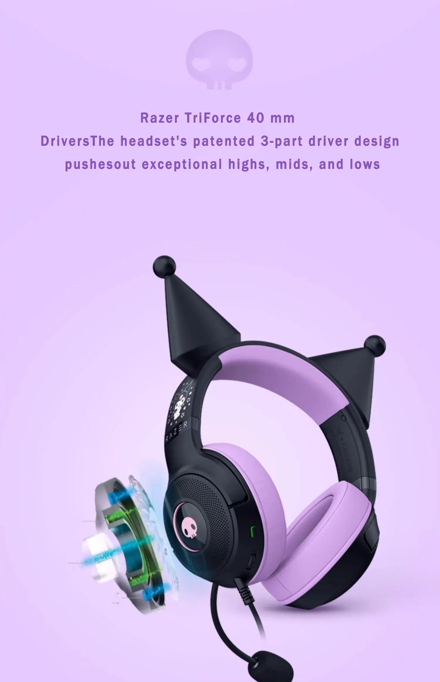 Razer Sanrio Kuromi Edition Kraken V3 X Wired USB Headset with HyperClear Cardioid Microphone and TriForce 40mm Drivers