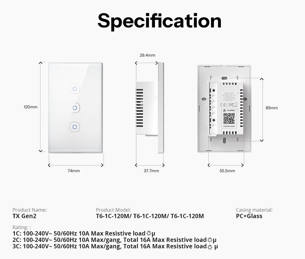 SONOFF TX Gen2 US Smart Touch Wall Switch T6 120 Matter Detach Relay Adjustable Night Switch Locator Apple Ecosystem Compatible