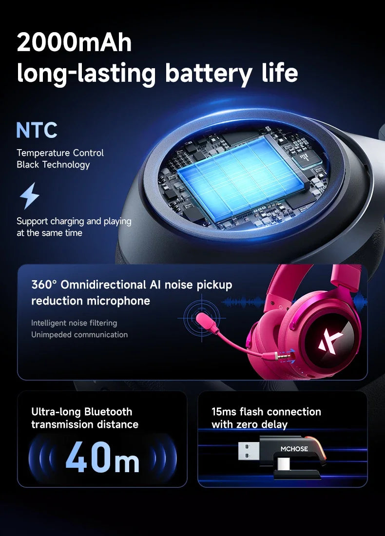 MCHOSE X9 Wireless Headworn Game 7.1 Headset Bluetooth 2.4G Three Mode 53mm Aluminum Foil Polymer Diaphragm eSports Gift Headset