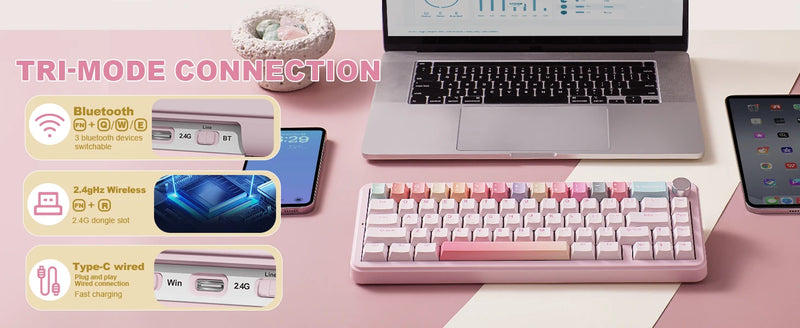 YUNZII B68 Wireless Mechanical Gaming Keyboard, Tri-Mode Hot Swappable Cute Gasket Mounted Creamy Keyboard for Win/Mac,