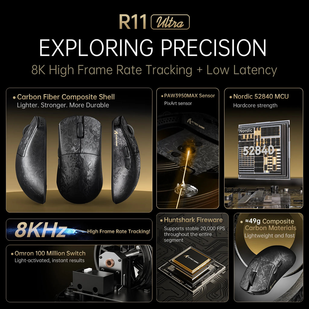 Wireless 8K Attack Shark R11 Ultra Gaming Mouse Carbon Fiber PAW3950MAX Sensor 42000DPI OMRON 100M Switch