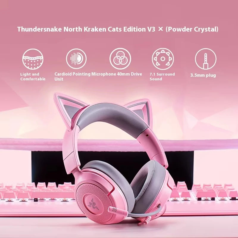 Razer Kraken Kitty V3 X Wired Headphones With Mic Head Mounted Esports Gaming Earphone Triforce Lightweight Headsets PC Laptop