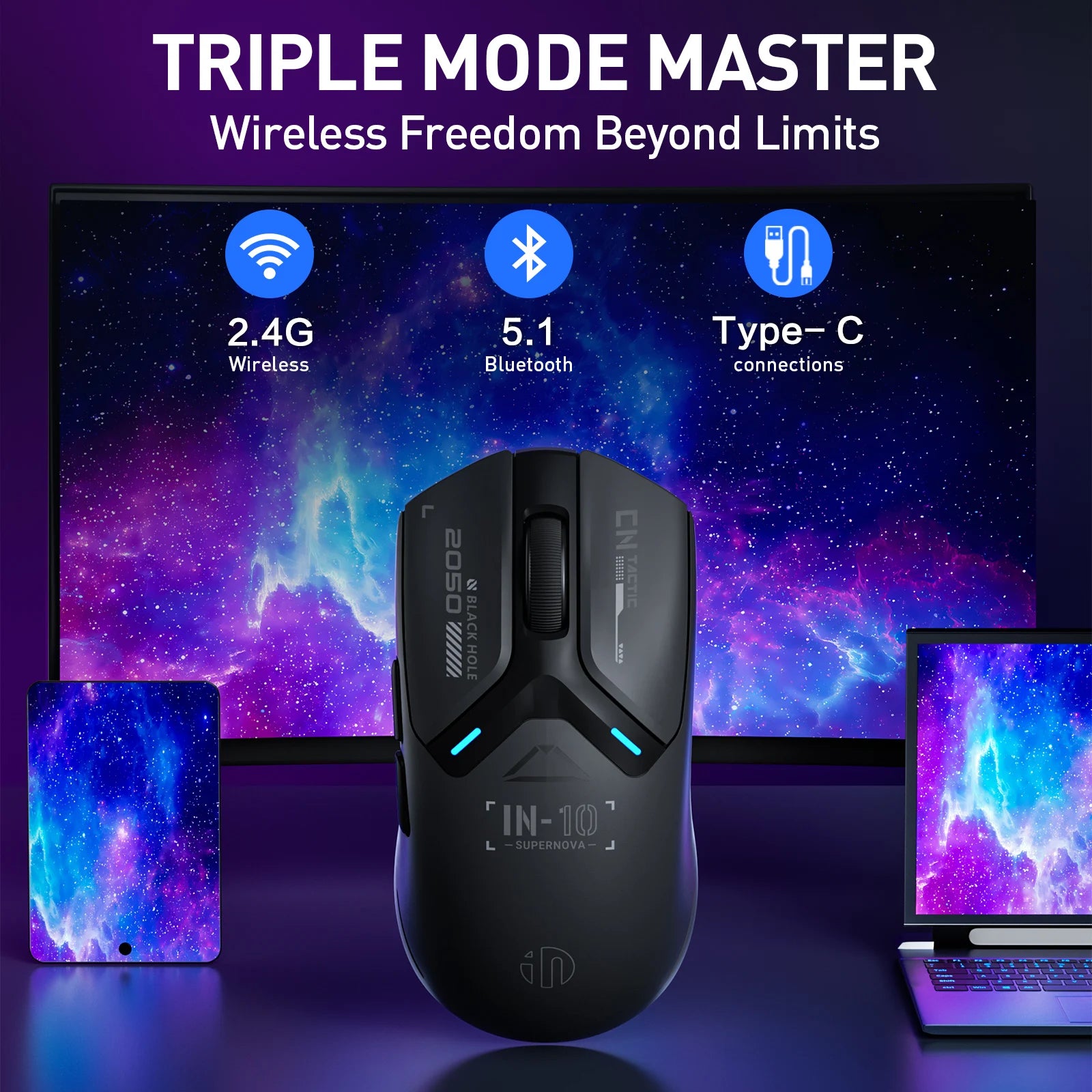 INPHIC IN10P Wireless Gaming Mouse: 26K DPI, 8K Polling, 100M Clicks, PAW3395, Triple Mode (BT/Wired/2.4G), Lightweight
