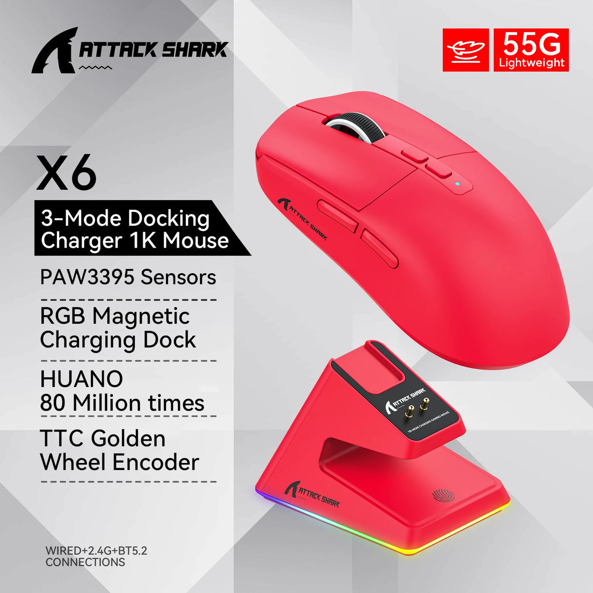Attack Shark X6 PAW3395 the third mock examination Lightweight Bluetooth Mouse RGB Touch Magnetic Charging Stand DPI26000