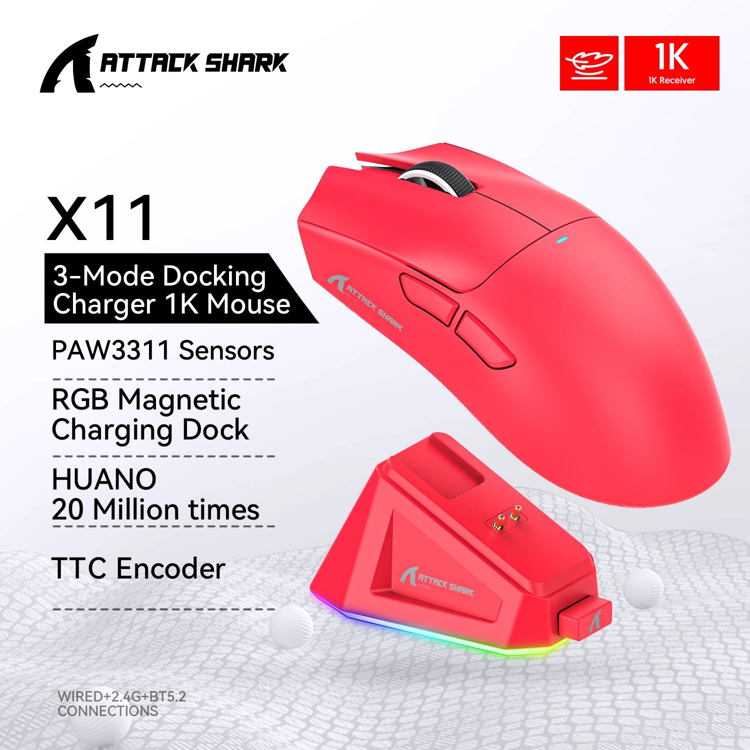 Attack Shark X11 Ultralight | Wireless Gaming Mouse | PAW3311, RGB Magnetic Dock & Tri-Mode
