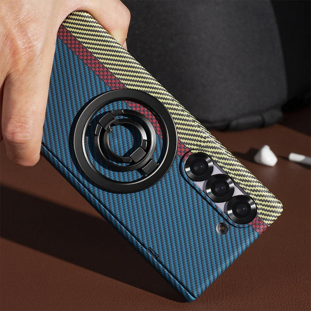 Carbon Fiber Magnetic Ring Holder Stand Case For Samsung Galaxy Z Fold 7 6 5 With Screen Glass Film Fold6 Hinge Protective Cover