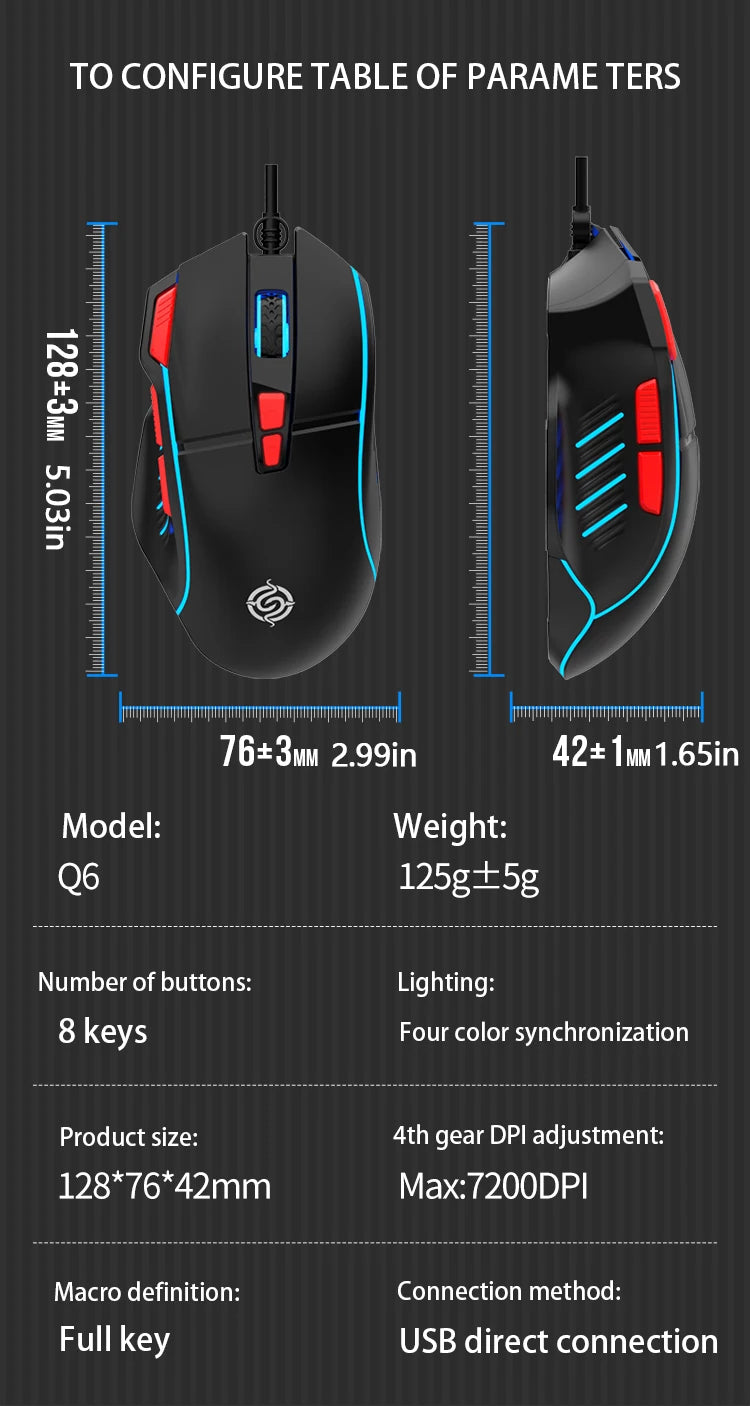 K-Snake Q6 Wired USB Gaming Mouse Desktop PC/Notebook Home Office Glow 8 Button Mouse 7200DPI Macro Programming